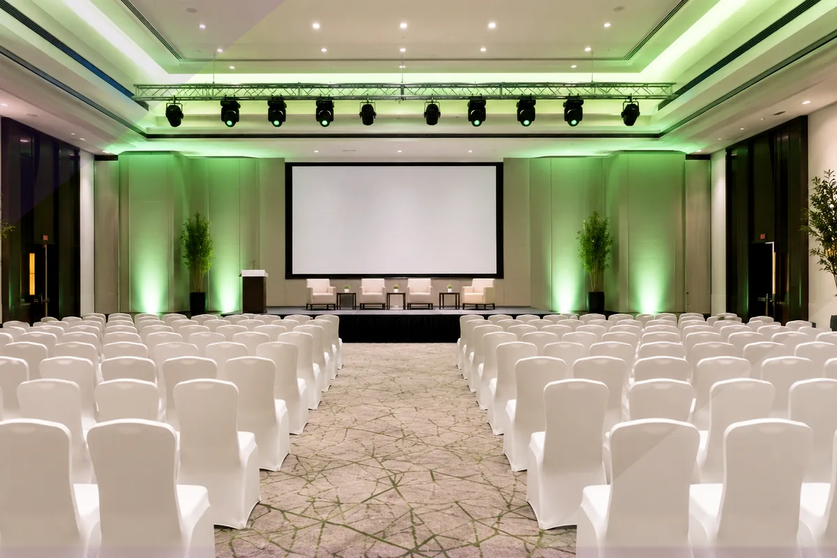 Professional team reviewing congress venue requirements